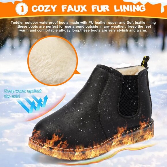 Kids Black Waterproof Lightweight Fur Lined Ankle Boots Baby Winter Shoes - Picture 3 of 7